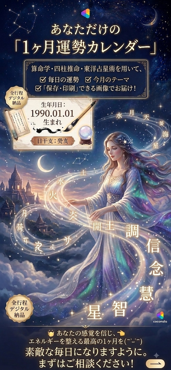 モニター1000円東洋占星術で届けます 運気の波に乗りたい方へ 東洋占星術で1ヶ月の道しるべを イメージ1