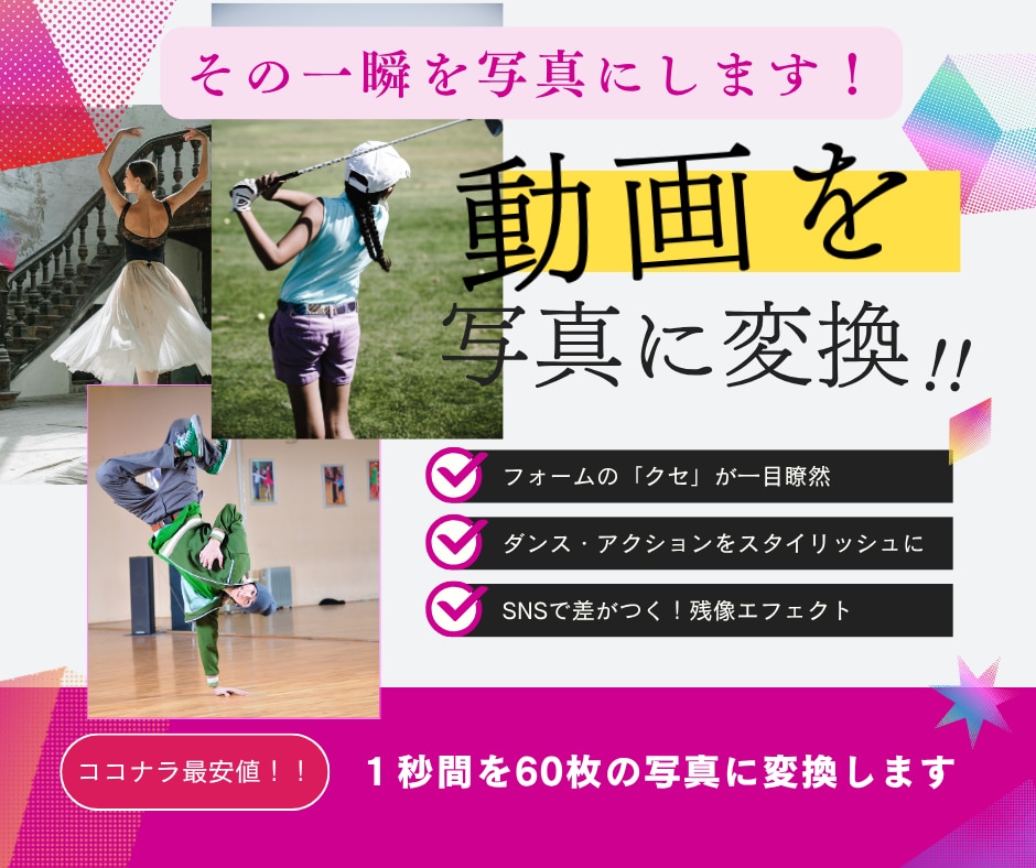 スポーツ・ダンスのフォーム解析用連続写真作成します 動画では気づけないクセや修正点を、画像で一瞬の動きを可視化！ イメージ1