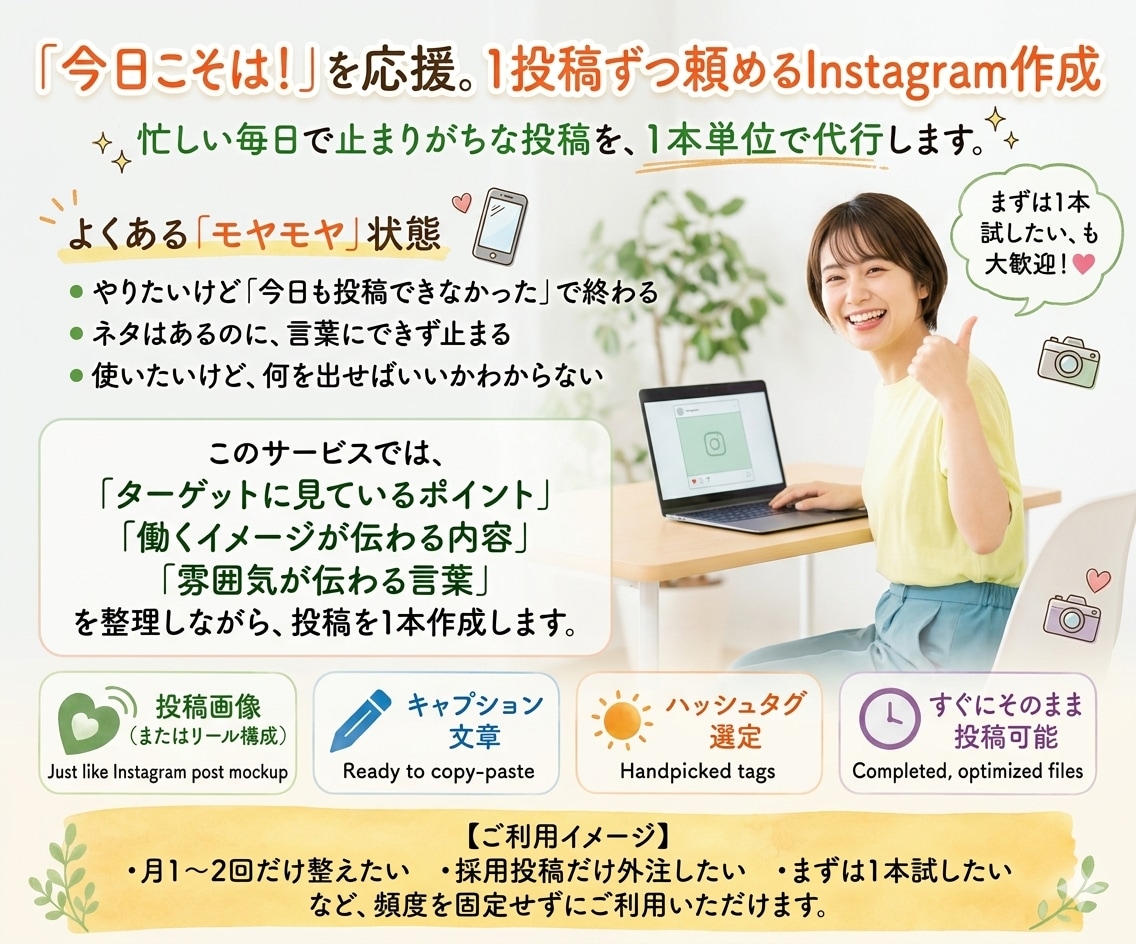 なんとなく投稿ではないSNS投稿1本作成します 実際の雰囲気が伝わる形に整えます。 イメージ1