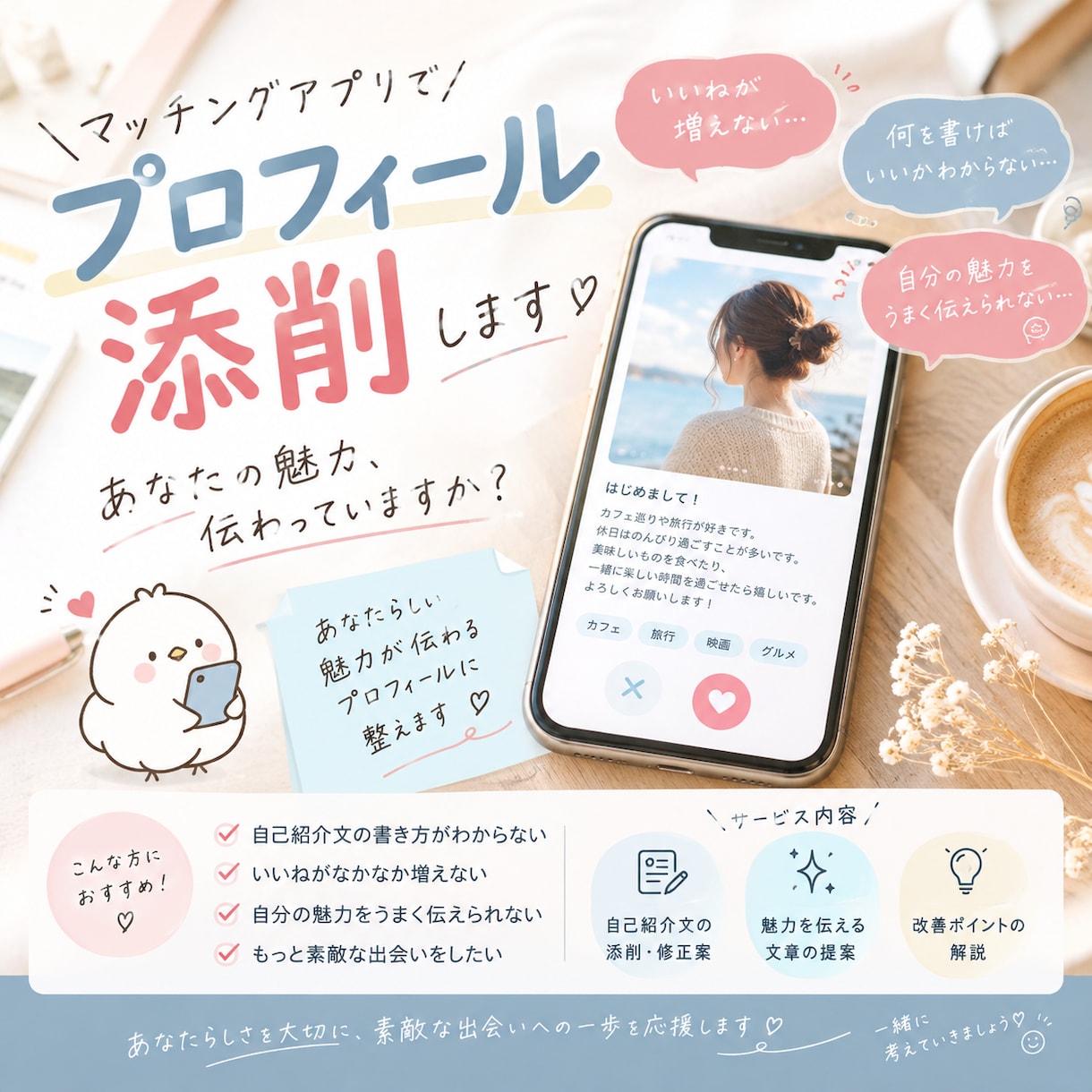 マッチングアプリの自己紹介文を添削します あなたの魅力が伝わるプロフィールに整えます イメージ1