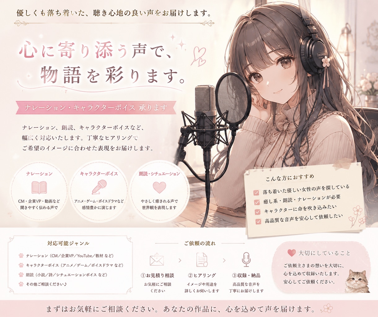優しく落ち着いた女性の声を収録します 寄り添える声に1つずつ向き合える存在でありたい イメージ2