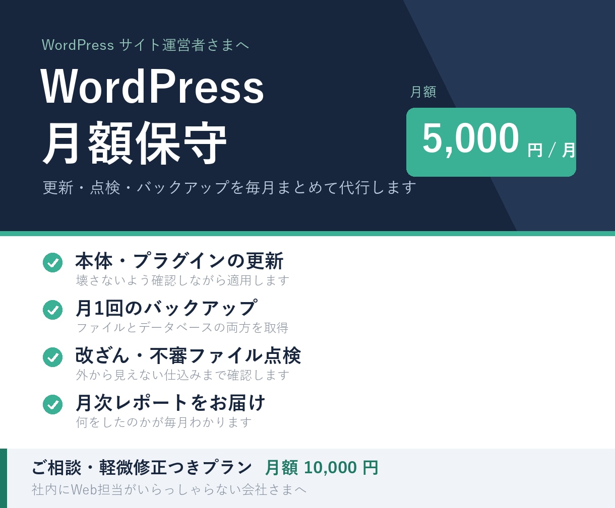 WordPressサイトの月額保守を代行します 更新・バックアップ・改ざん点検・ご相談まで月額でお任せ イメージ1