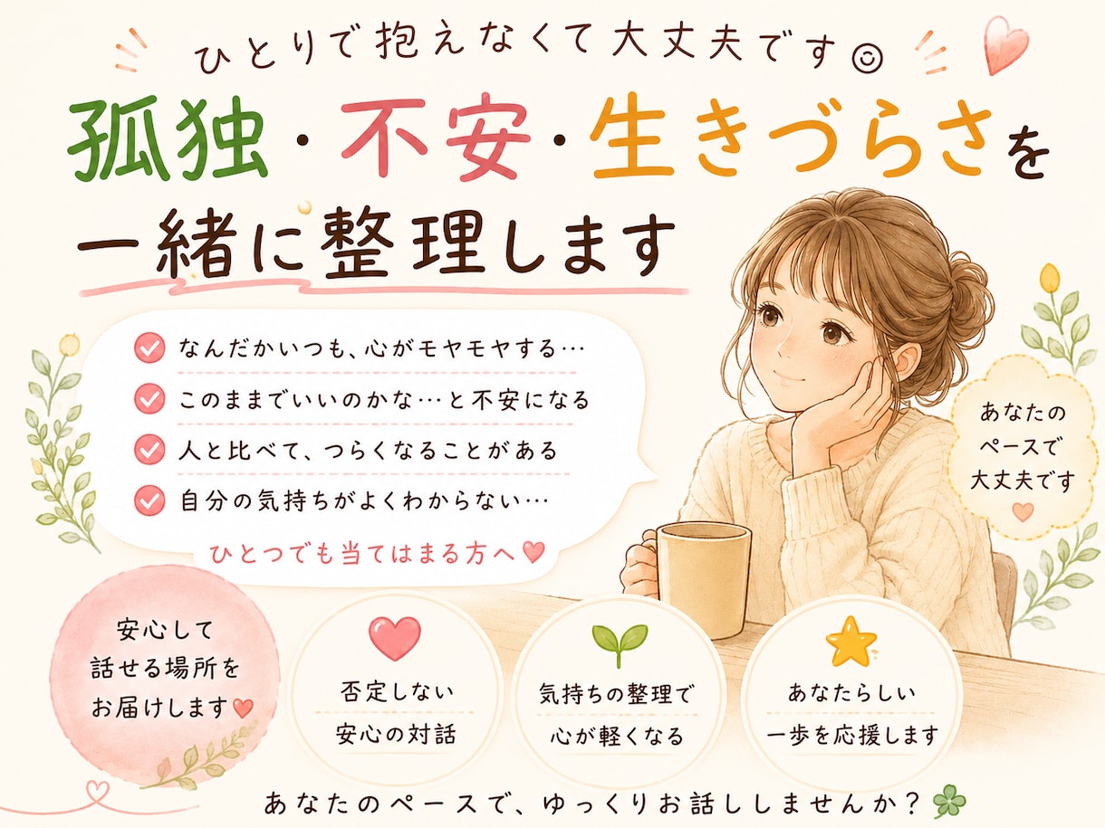 孤独・不安・生きづらさを一緒に整理します 生きるのしんどい、誰かに話したい。そのまま吐き出してください イメージ1