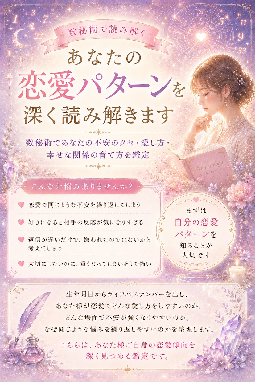 あなたの恋愛パターンを深く読み解きます 数秘術であなたの不安のクセ・愛し方・幸せな関係の育て方を鑑定 イメージ1