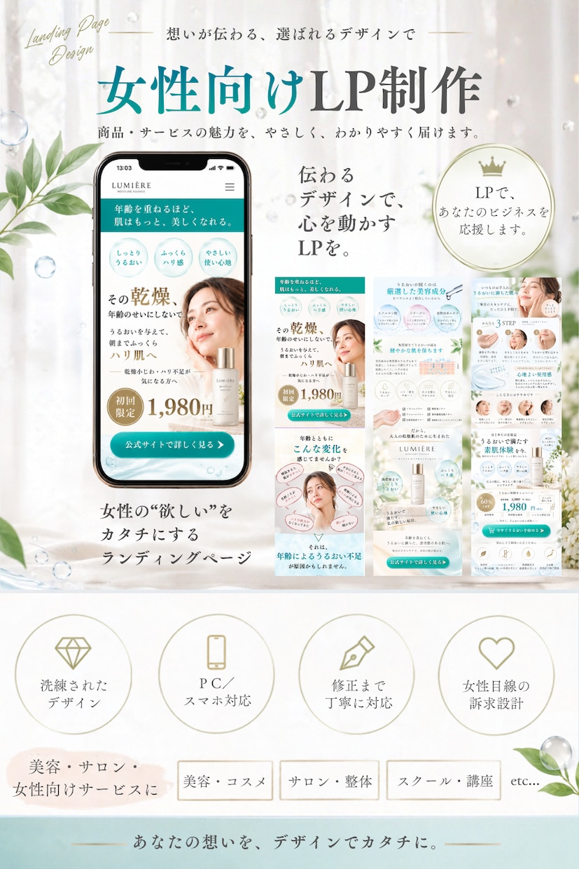 女性向けの魅力が伝わるLPをデザインします やさしく上品なデザインで商品の魅力を届けます イメージ1