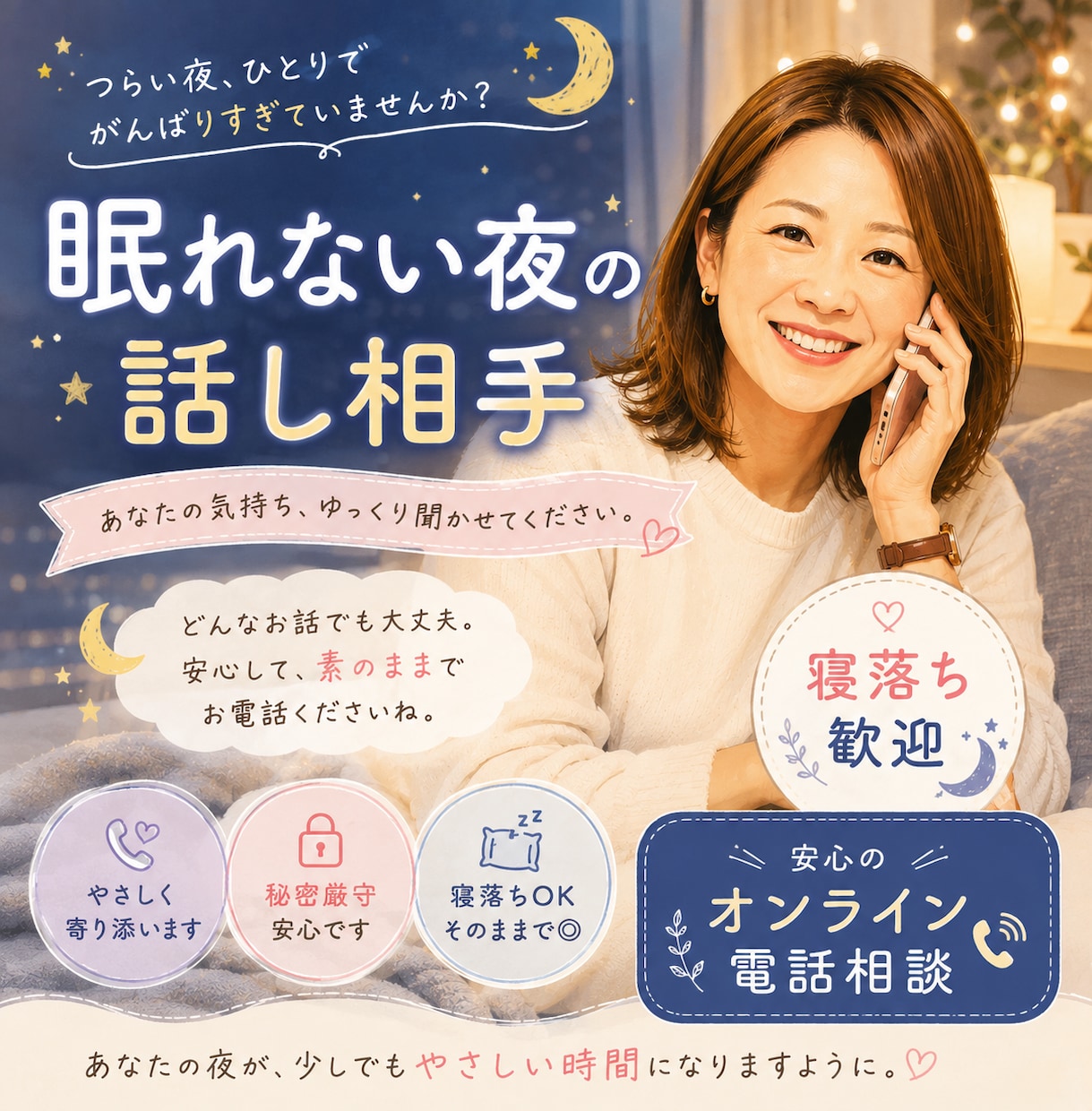 眠れぬ夜は、元人気No1ホステスがお話ききます 喜 怒 哀 楽。今宵もあなたのこころに寄り添います。 イメージ1