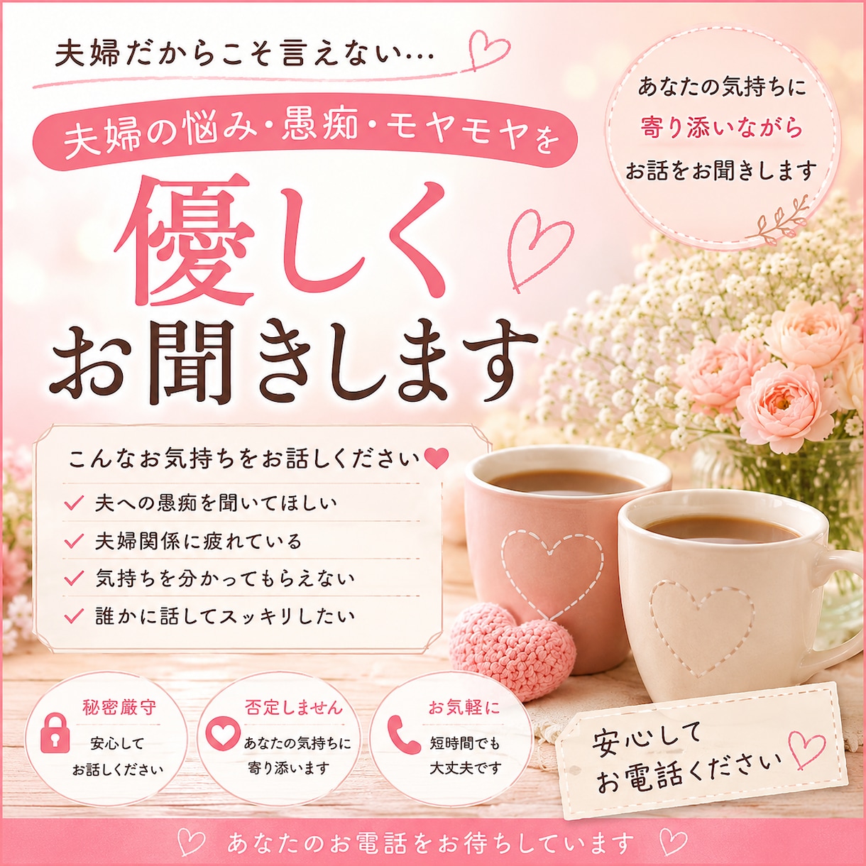 夫婦の悩み・愚痴・モヤモヤを優しくお聞きします 夫婦関係の悩みを安心してお話ください イメージ1