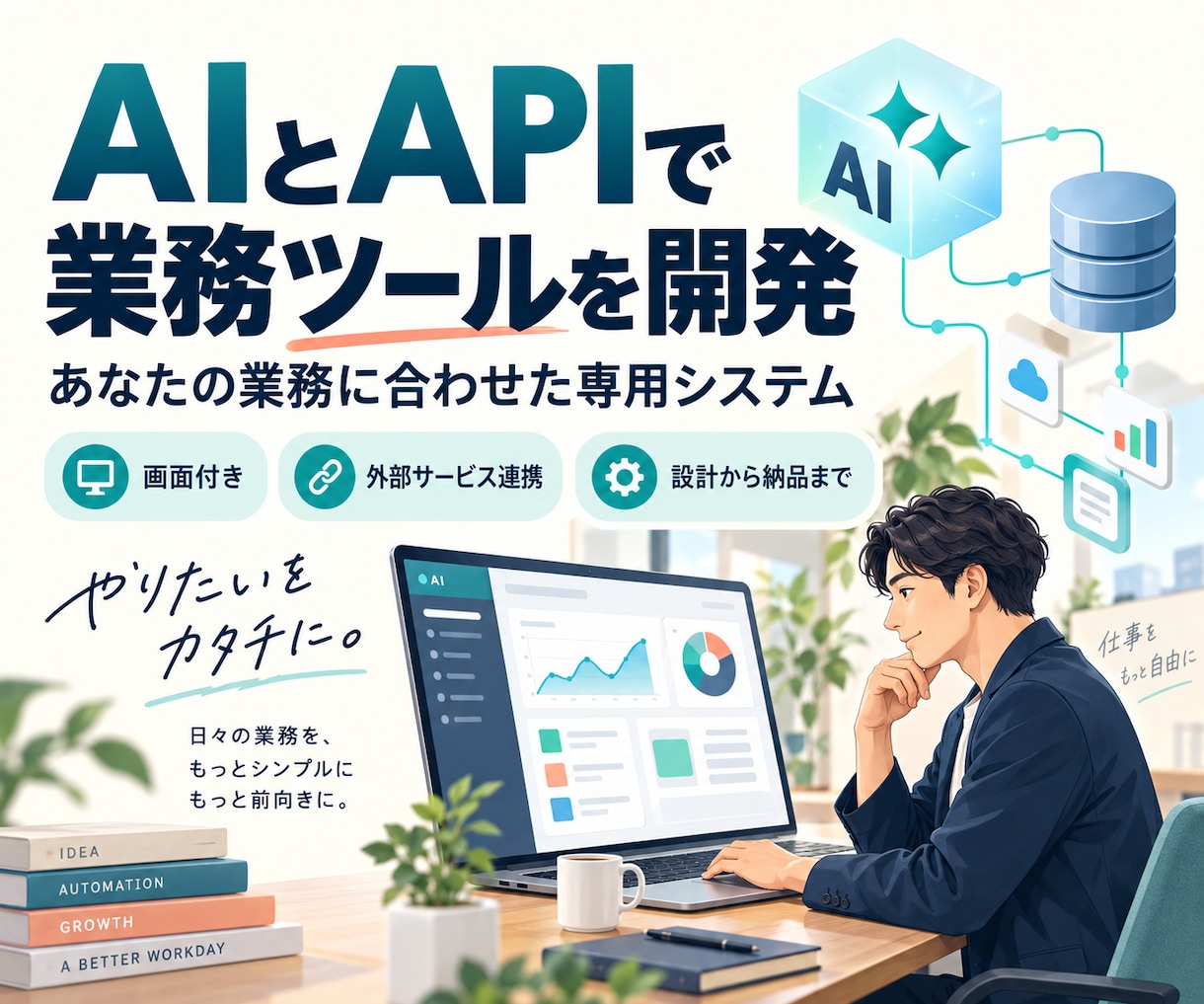 AIとAPIで専用業務ツールを開発します 文章処理から外部連携まで、使いやすい画面で業務を支援 イメージ1