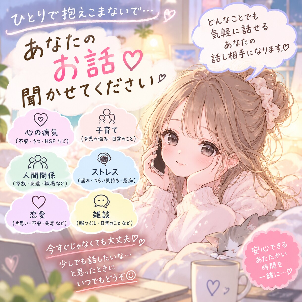 心の病や恋愛の相談！あなたのお話聞きます どんなお話でも聞きます！あなたの気持ちが明るくなりますように イメージ1