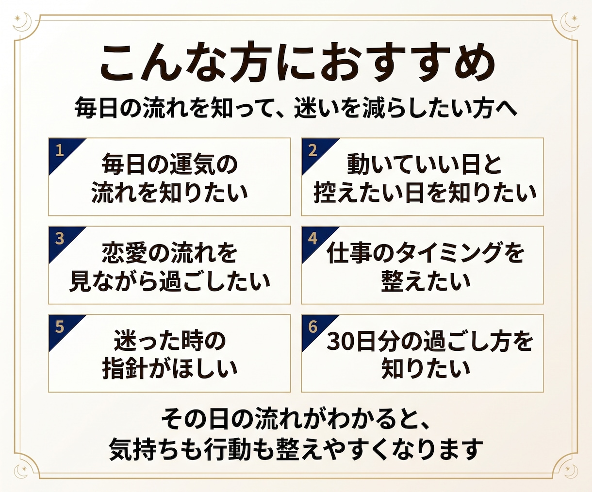 30日運勢カレンダー｜毎日の運気と過ごし方占います 毎日の運気・良いこと・避けたいことを1日分ずつお届け イメージ3