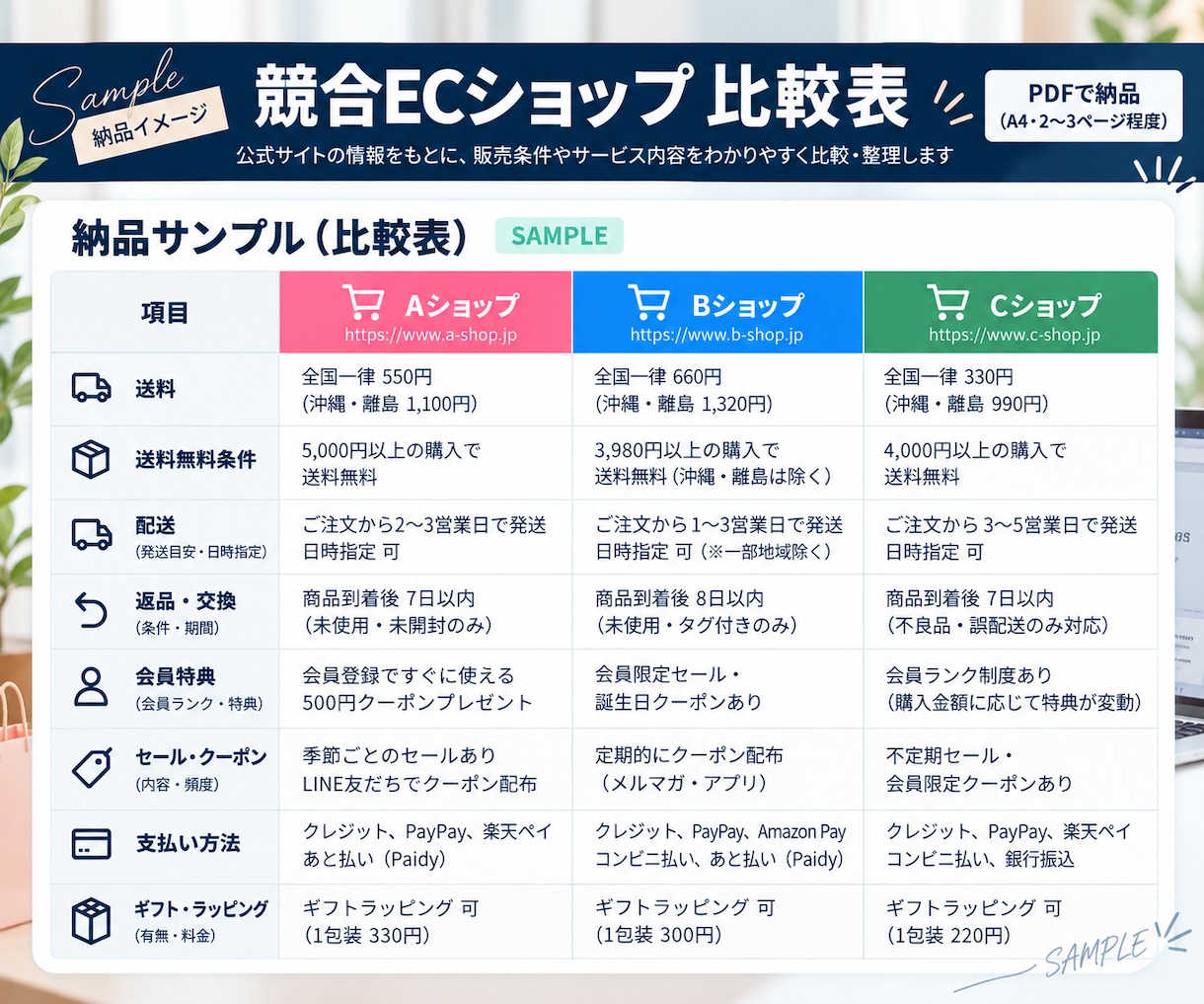 競合EC3ショップの販売条件を比較します 面倒な競合調査を公式情報から見やすく整理 イメージ2