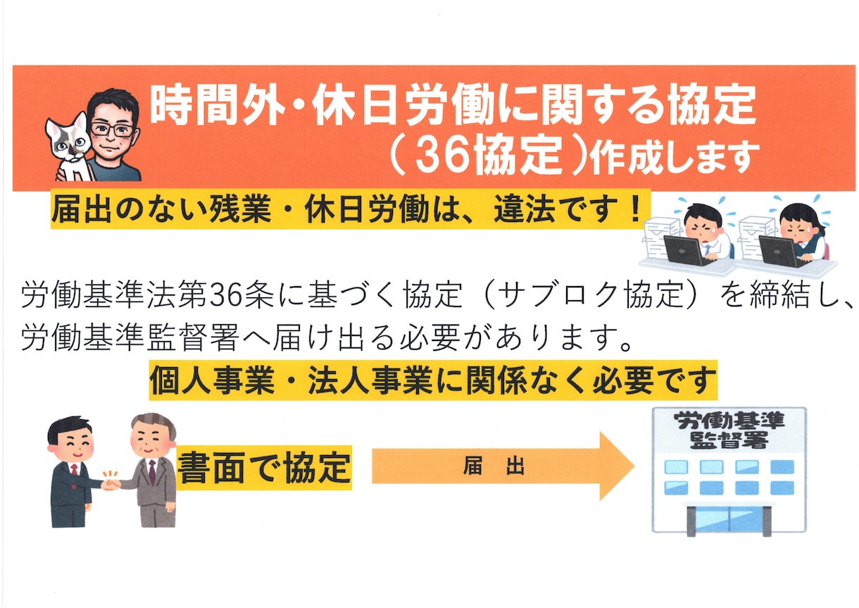 時間外・休日労働に関わる協定（36協定）作成します 36協定を締結・届出をしない残業・休日労働は労基法に違反です イメージ1