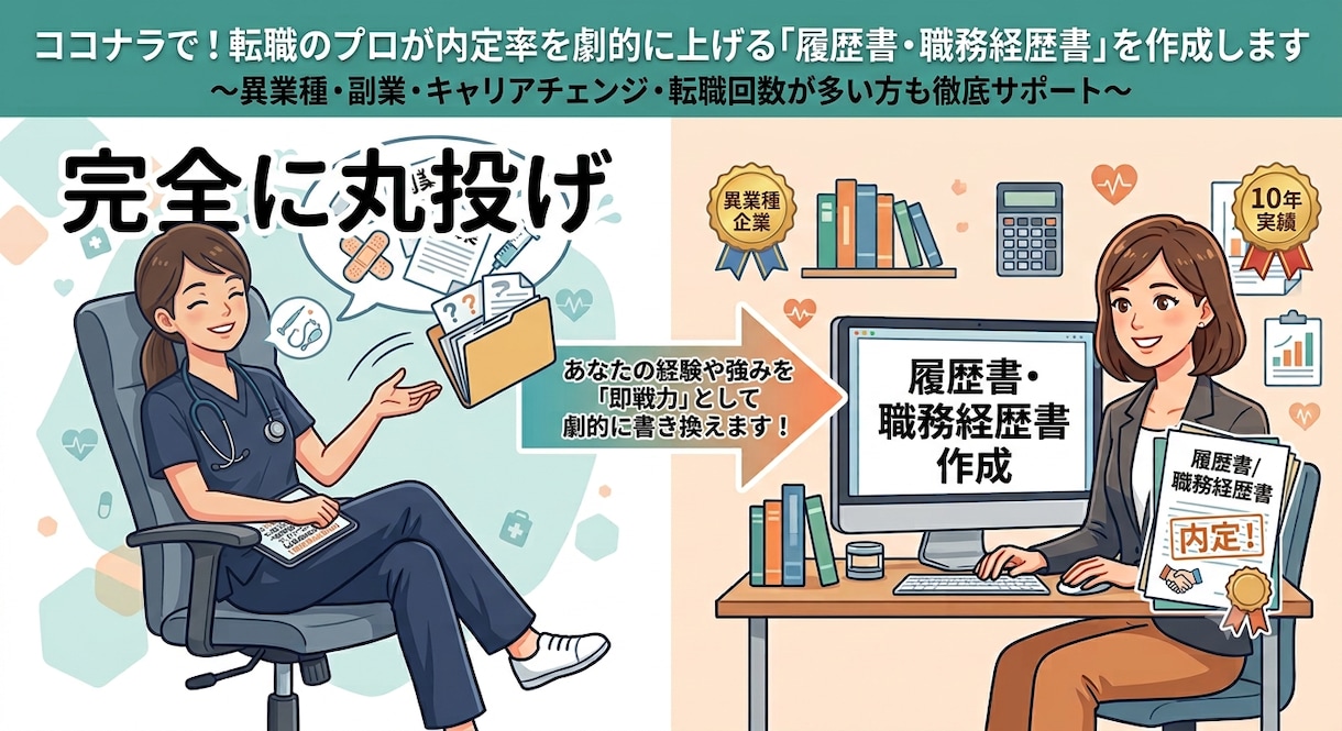 看護師｜現役管理職が履歴書・職務経歴書を作成します 5,000名支援の実績！現役管理職が書類を丸投げ作成します イメージ1