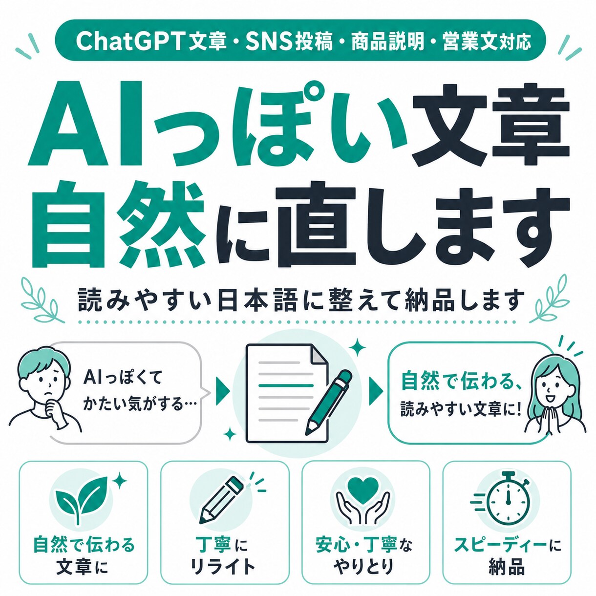 AI文章を自然な日本語に直します AIっぽさを抑えて読みやすく整えます イメージ1