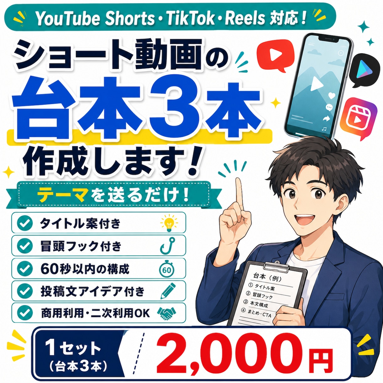 ショート動画の台本を3本作成します テーマを送るだけ！60秒台本をまとめて作成 イメージ1