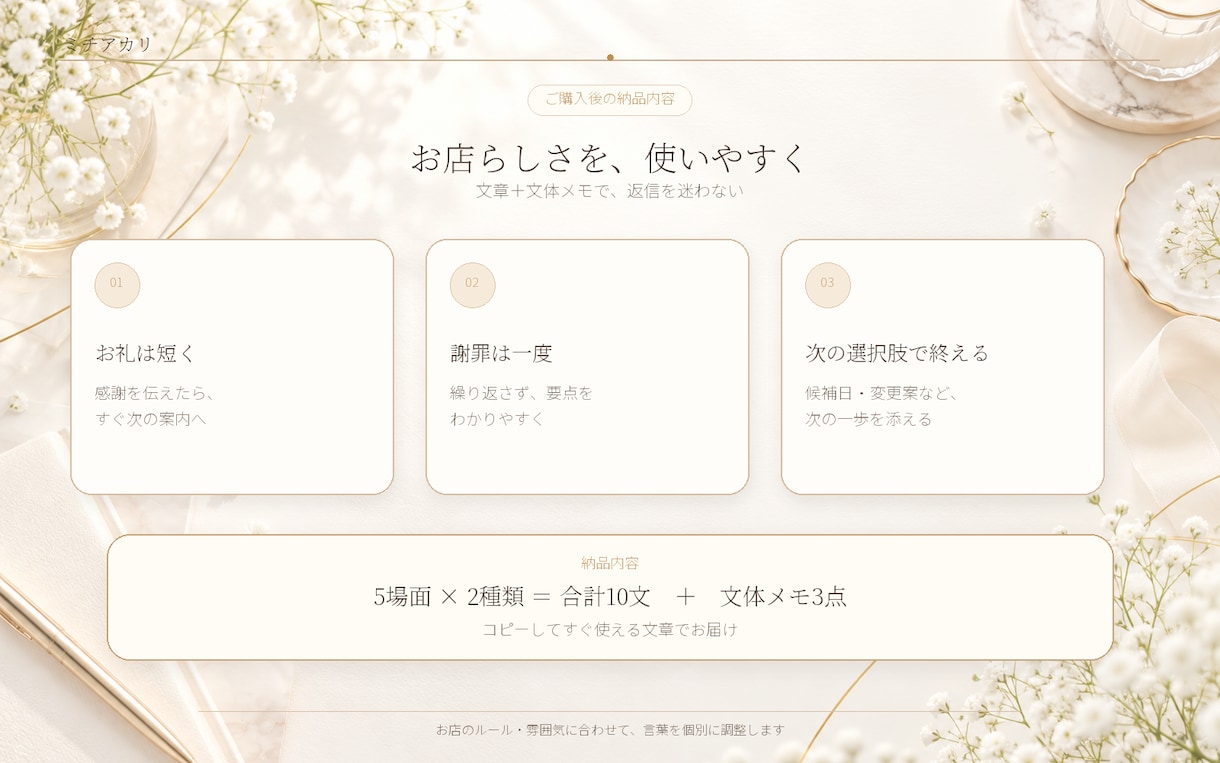 個人サロンのLINE・DM返信文を5場面作ります 5つの質問だけ。お店らしい返信10文を2日以内に イメージ4