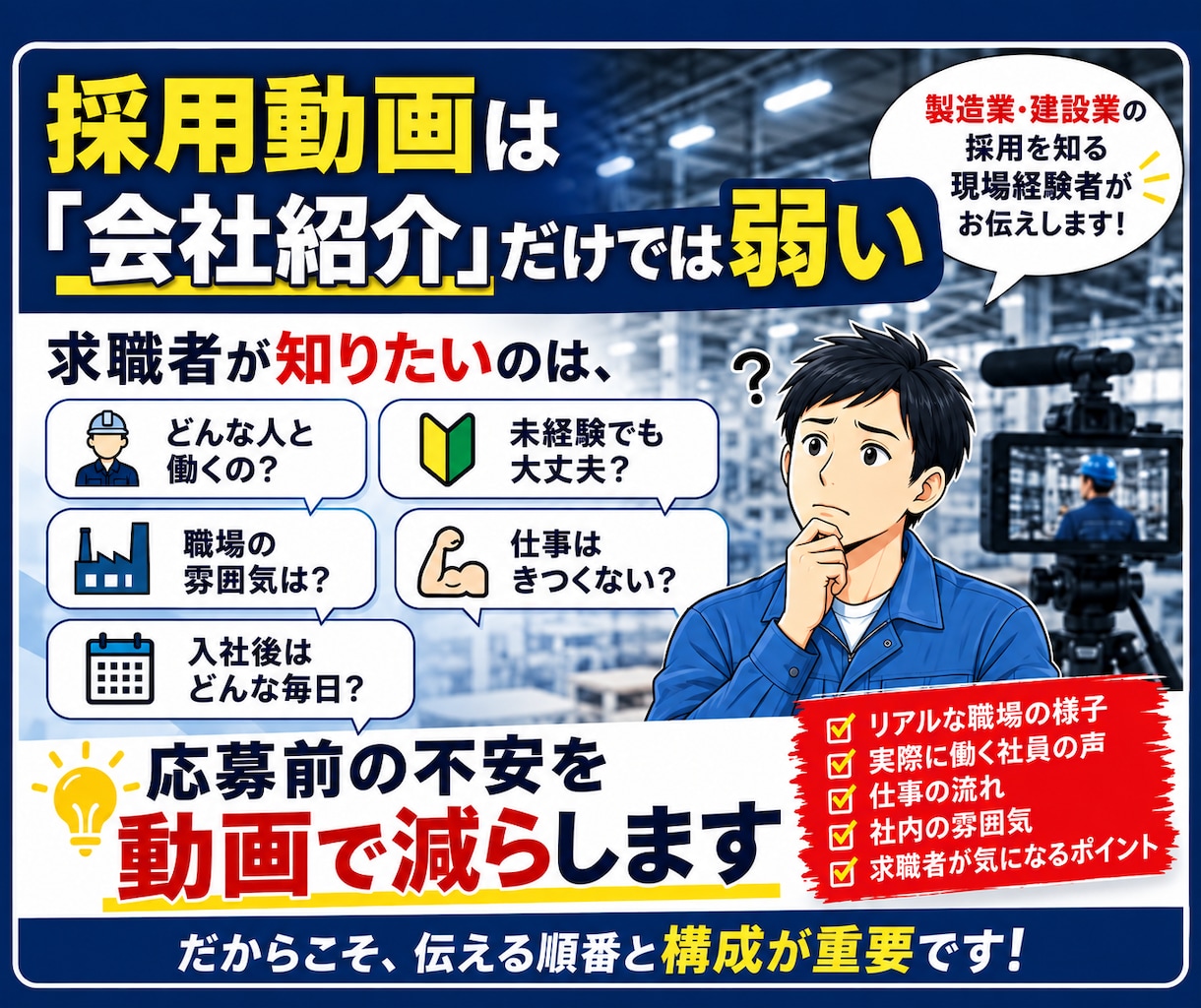 採用動画の構成・撮影設計書を作ります 製造業・建設業向け｜何を撮るか・何を話すかまで設計します イメージ2
