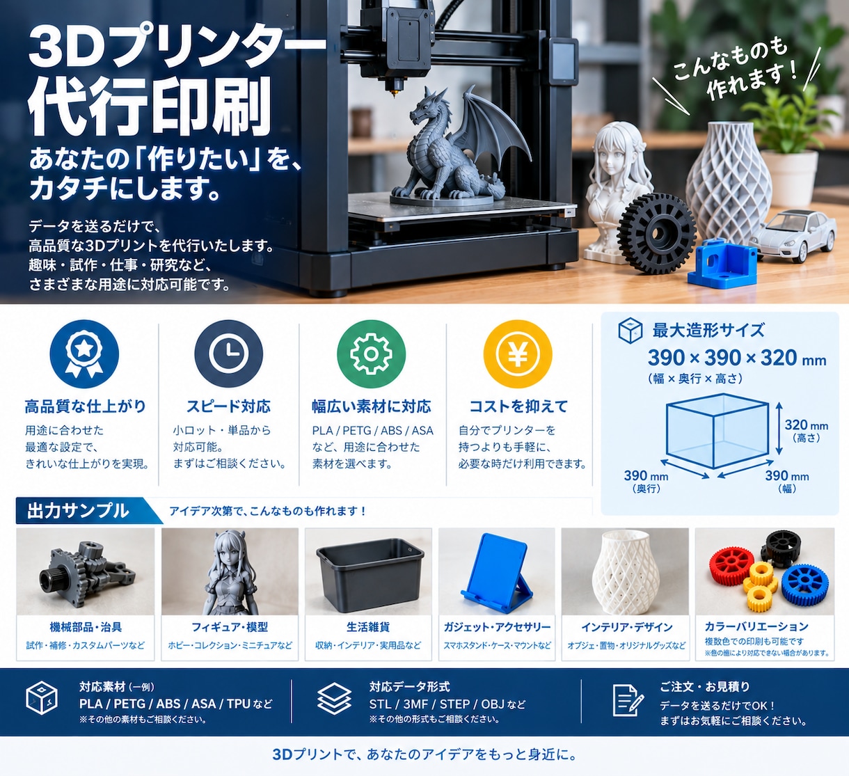 3Dプリンターであなたのデータを実物にします 他ではあまり対応できないサイズでも対応可能です イメージ1