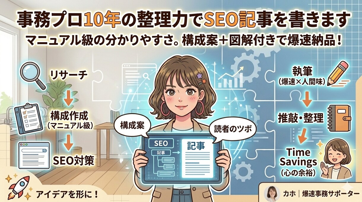 事務プロ10年の整理力でSEO記事を書きます 実務経験が生む圧倒的正確さ！構成案＋図解付きで爆速納品します イメージ1