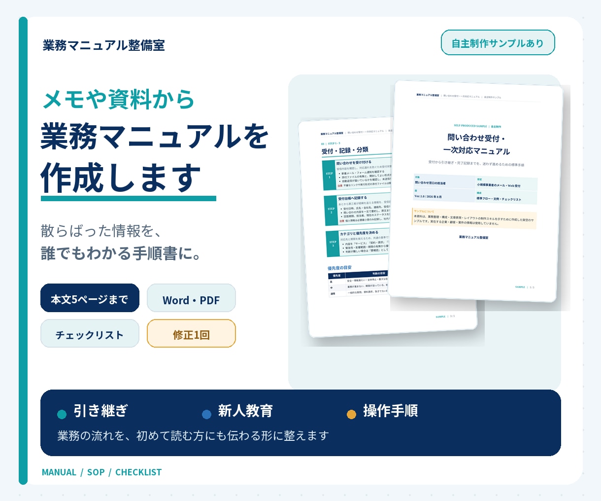 メモや資料から業務マニュアルを作成します 散らばった業務情報を、誰でもわかる手順書に整えます イメージ1