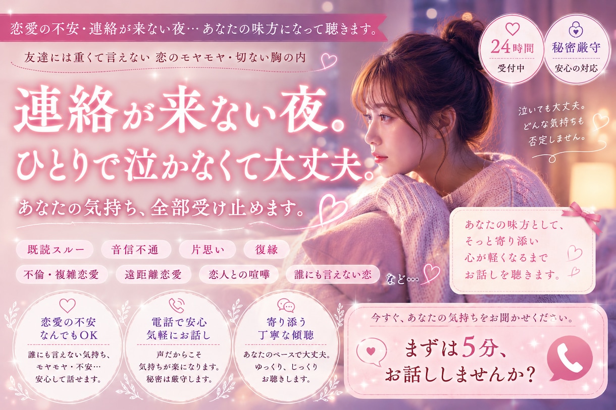 不安・連絡が来ない夜…あなたの味方になって聴きます 友達には重くて言えない恋のモヤモヤ・切ない胸の内 イメージ1
