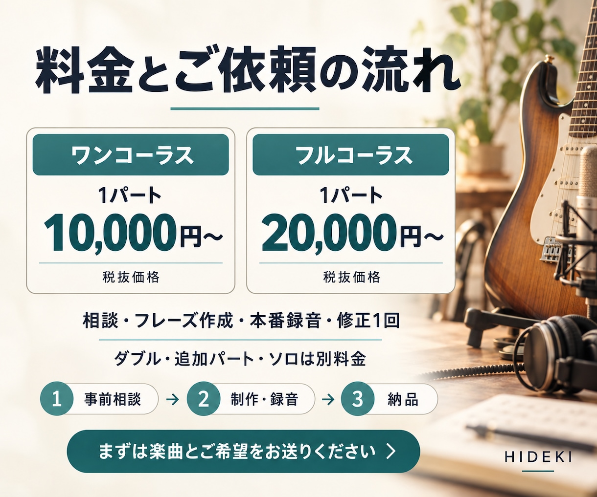 楽曲に合うギターアレンジと本番録音をします 歌を支えるフレーズと音色で、作品に生演奏の表情を イメージ3