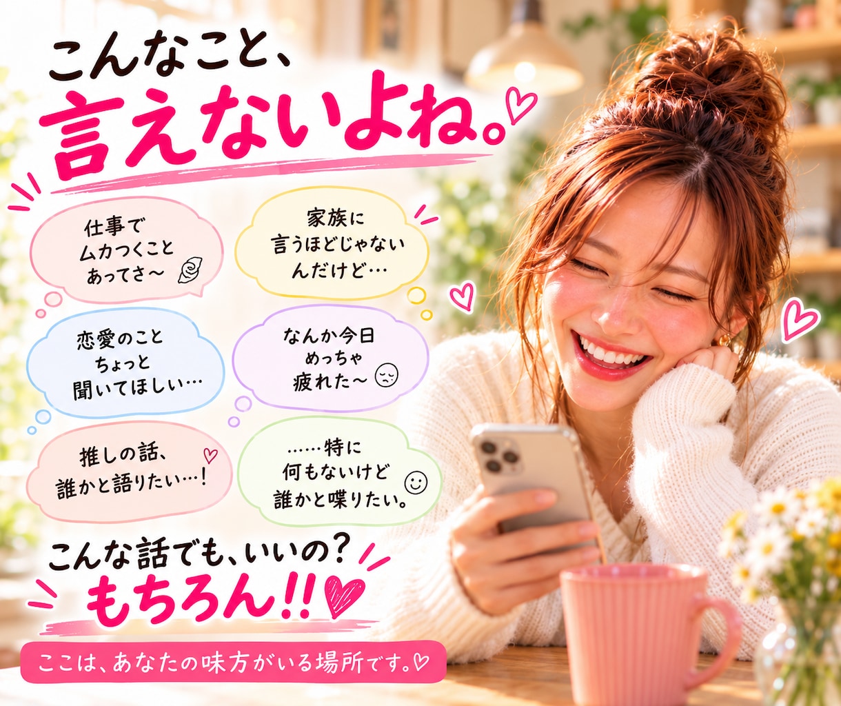 本音で話せるあなただけの女友達【心の友】になります あれ、地元の友達だっけ？「ちょっと聞いて～」が言いやすい場所 イメージ3