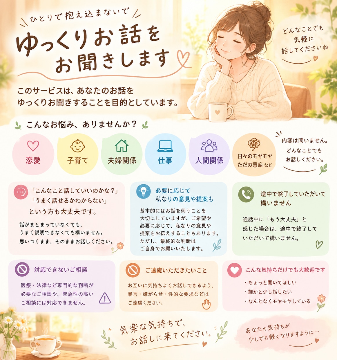 ちょっと聞いて。あなたの話、聞きます 答えはいらない。話すだけでも大丈夫です。 イメージ1
