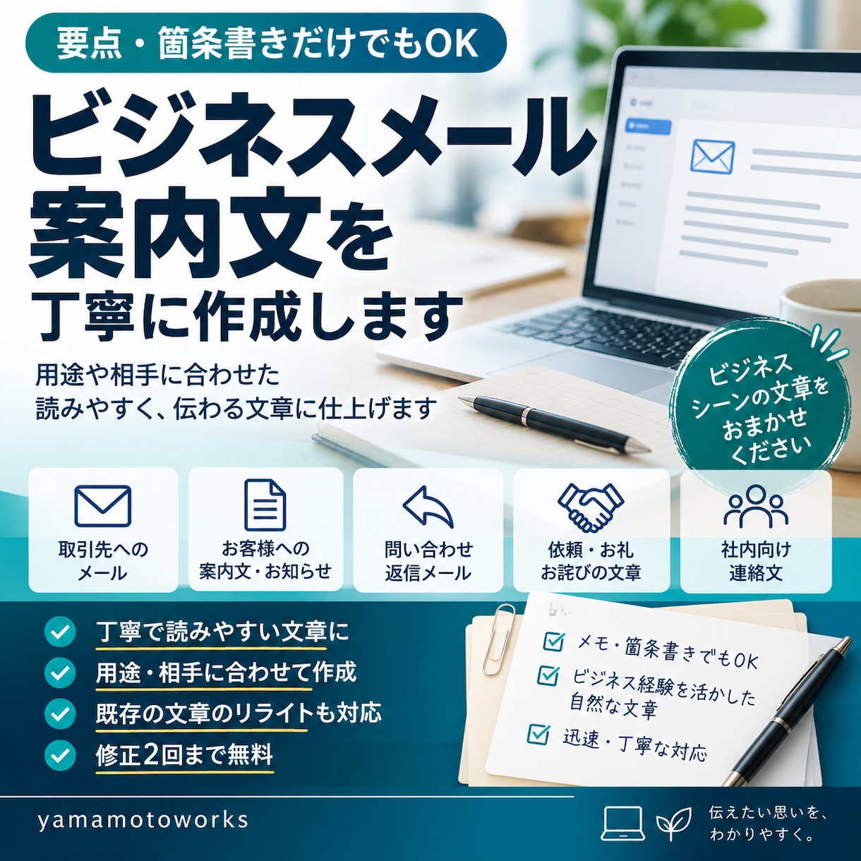 ビジネスメール・案内文を丁寧に作成します 要点や箇条書きから、相手に伝わる丁寧な文章に仕上げます イメージ1