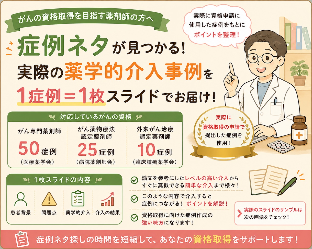 がんの症例作成に役立つ薬学的介入ネタをご紹介します 薬学的介入が思いつかない、を解決！症例作成のヒントを提供！ イメージ1