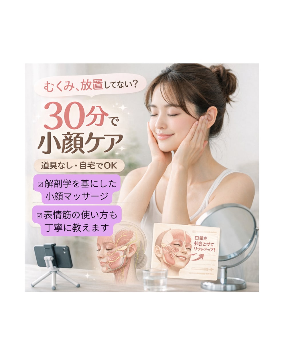 セルフ小顔マッサージのやり方を教えます 解剖学を基に、浮腫みや、目の下のクマ、肌のたるみの改善に イメージ1