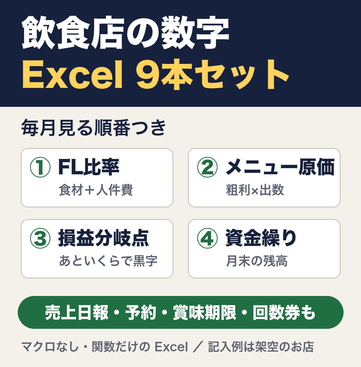 飲食店の数字エクセル9本｜FL比率と原価を出せます FL比率・メニュー原価・損益分岐点・資金繰りを順番に イメージ1