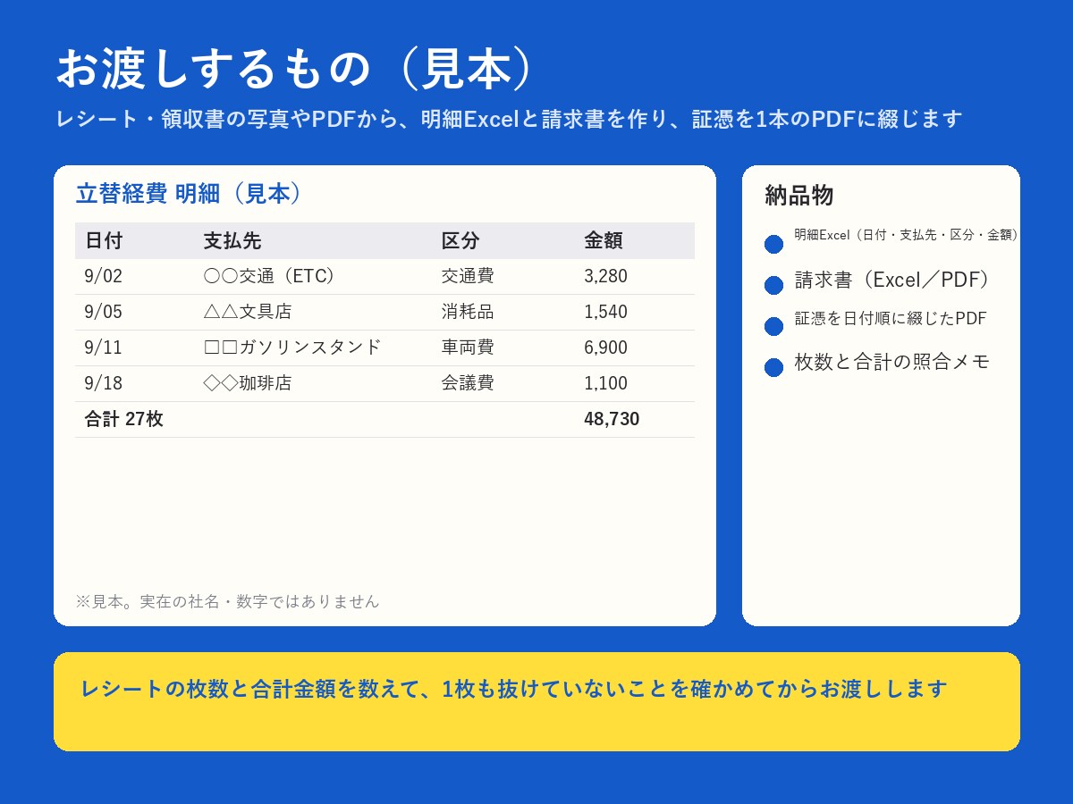 毎月の立替経費をまとめます 請求書とPDFに。枚数と合計を照らしてお渡し イメージ2