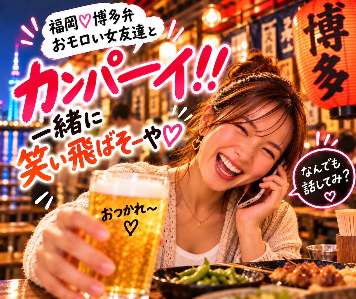 サシ飲み♡博多弁で一緒に楽しく笑い飛ばしちゃいます 【女友達・話し相手・飲み仲間】愚痴や雑談、とことん笑い飛ばそ イメージ1