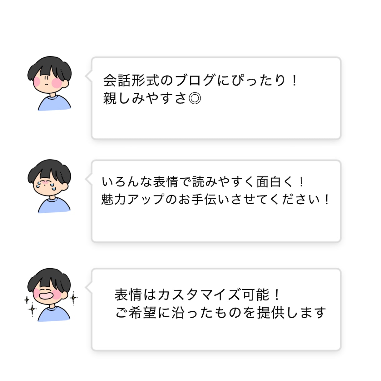 商用利用可！ブログ吹き出しに♡表情イラスト描きます 親しみやすさ◎ゆるかわいいアイコン3種セットです！ イメージ2