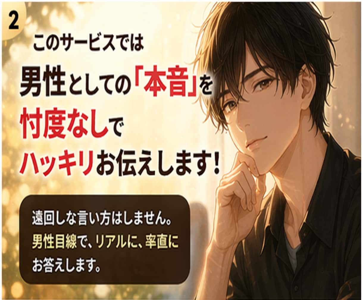 女性必見！男心を忖度なしで本音だけで話します あえてハッキリ言う優しさを大事にしてあなたにちゃんと伝えます イメージ3