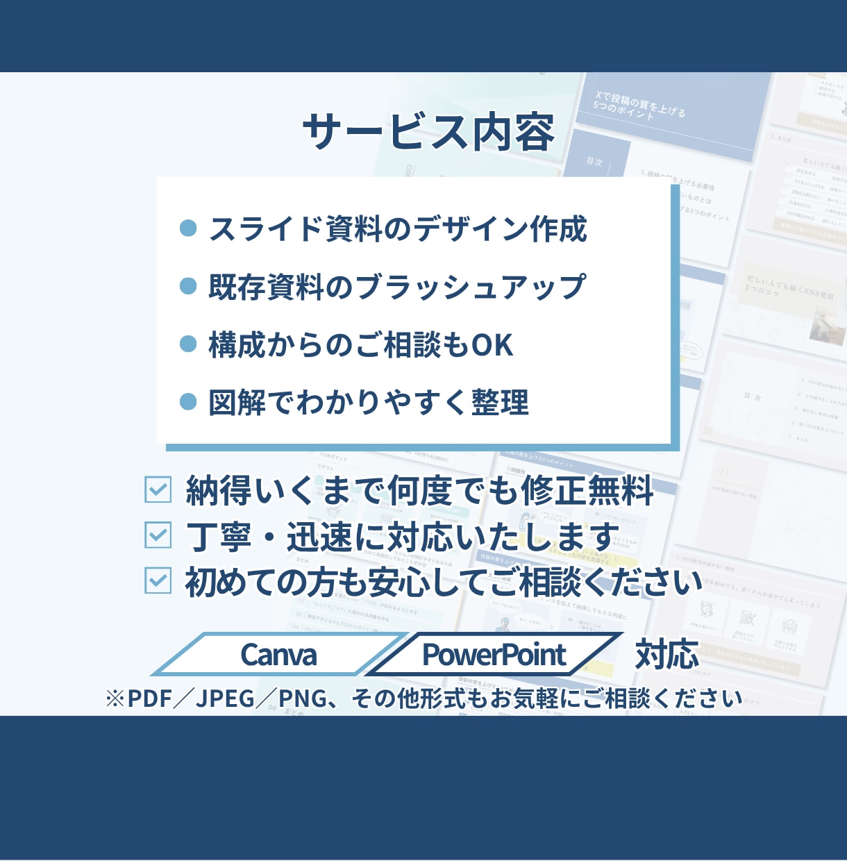 見やすく伝わるスライド資料を作成します 想いを“伝わる形”に、構成から丁寧に整えます イメージ4