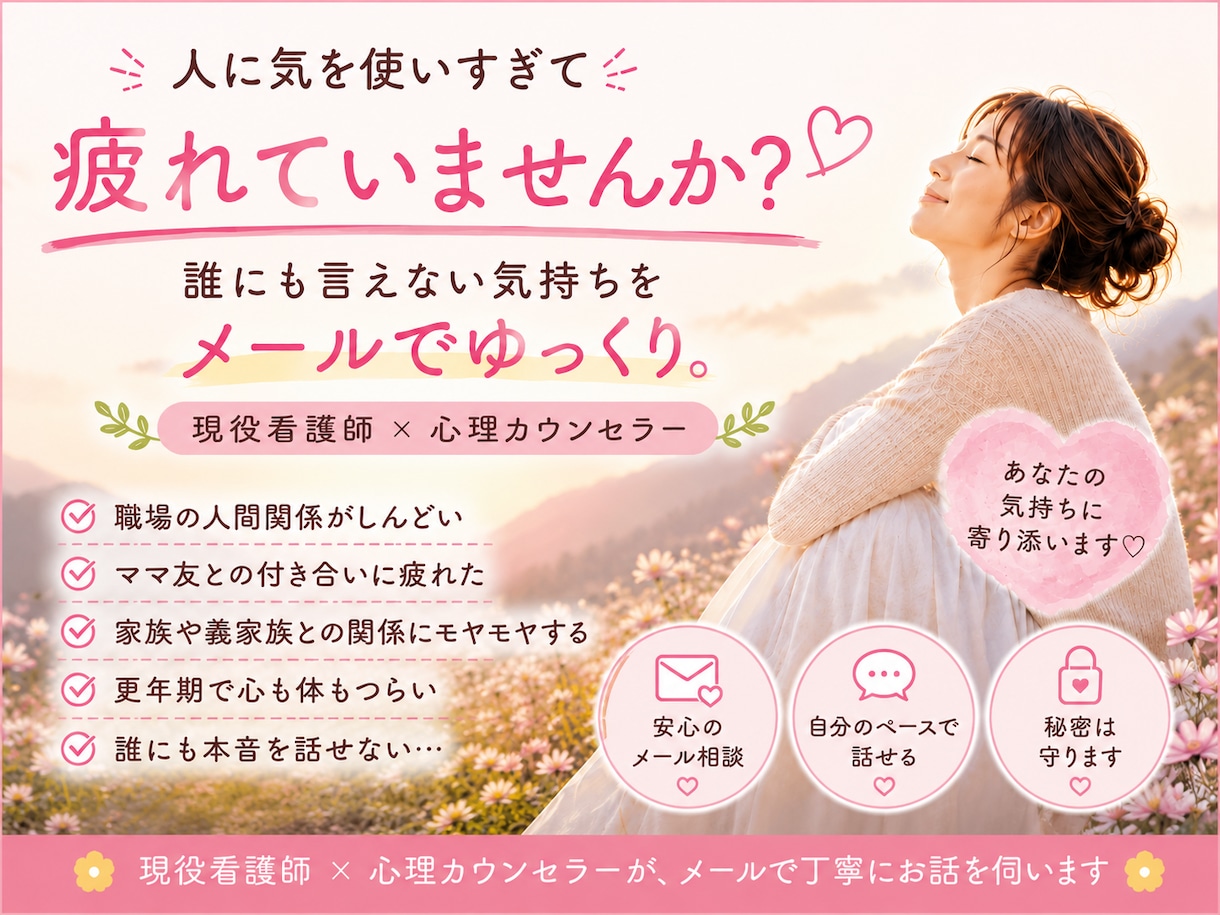 人に気を使いすぎて疲れたあなたへ、お話し伺います 誰にも言えない気持ちをメールでゆっくり イメージ1