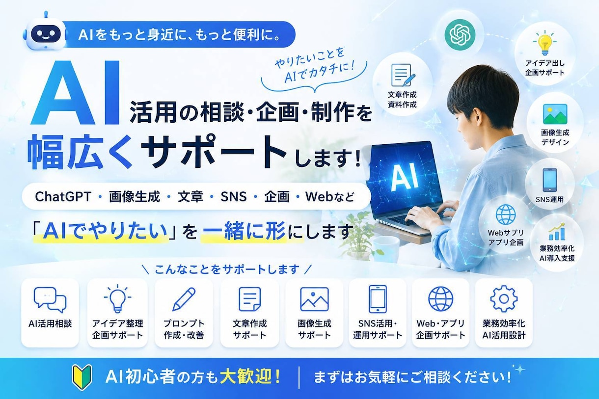 AI活用の相談・企画・制作を幅広くサポートします AIであなたの「やりたい」をカタチにします イメージ1