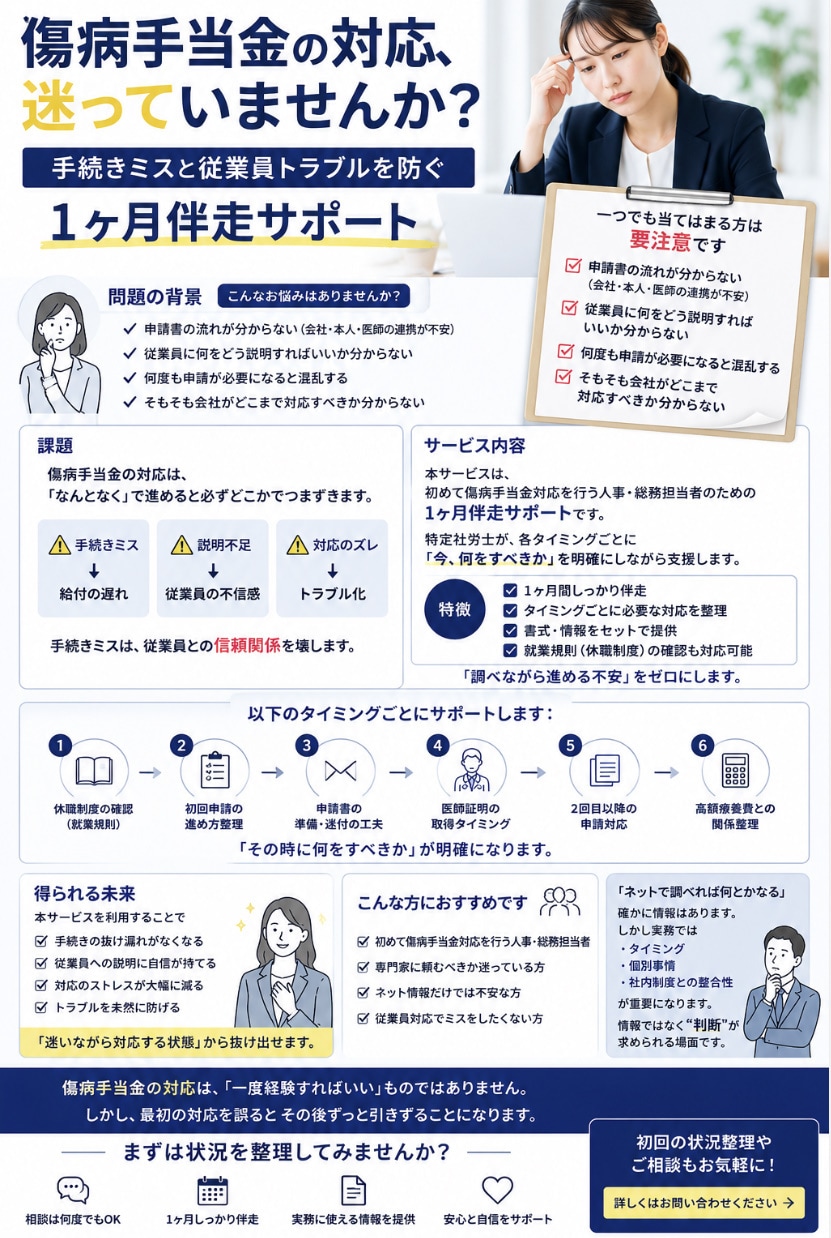 傷病手当金対応、もう迷わないようにします 傷病手当金の「判断ミス」を防ぐ実務サポート イメージ2