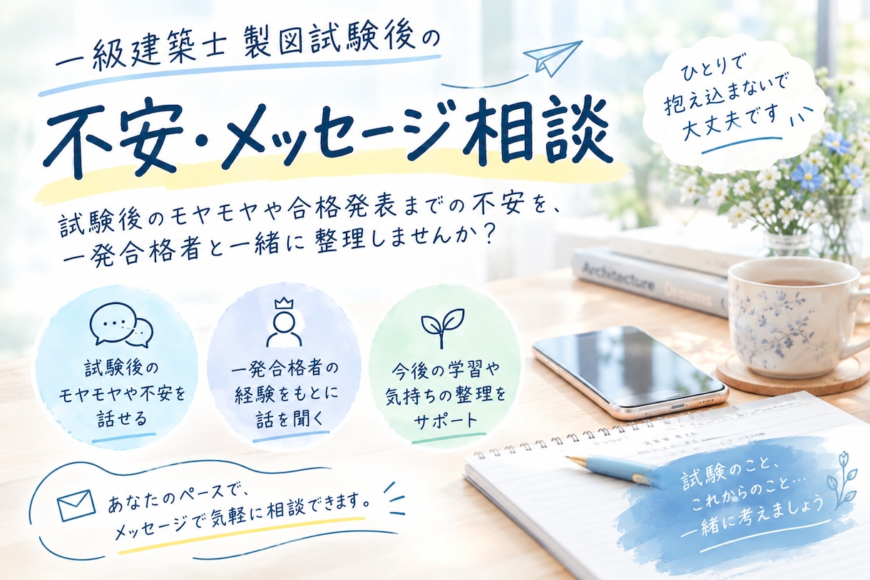 製図試験後の不安にメッセージで寄り添います 試験後のモヤモヤや合格発表までの不安を一緒に整理しませんか？ イメージ1