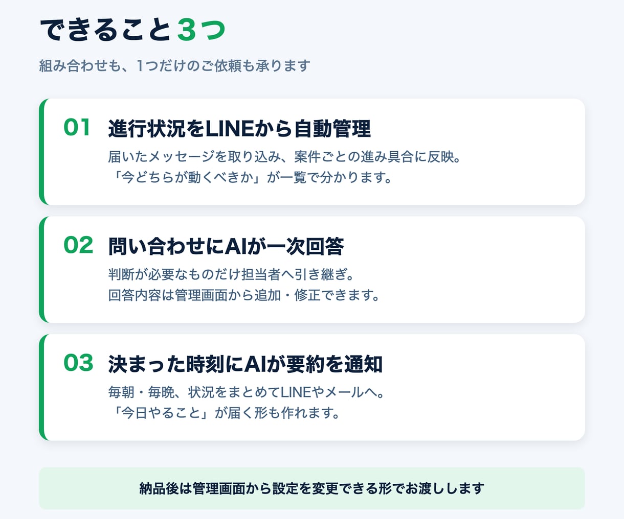 LINEとAIで社内の定型業務を自動化します 毎日の確認・報告・転記を、仕組みに置き換えます イメージ3