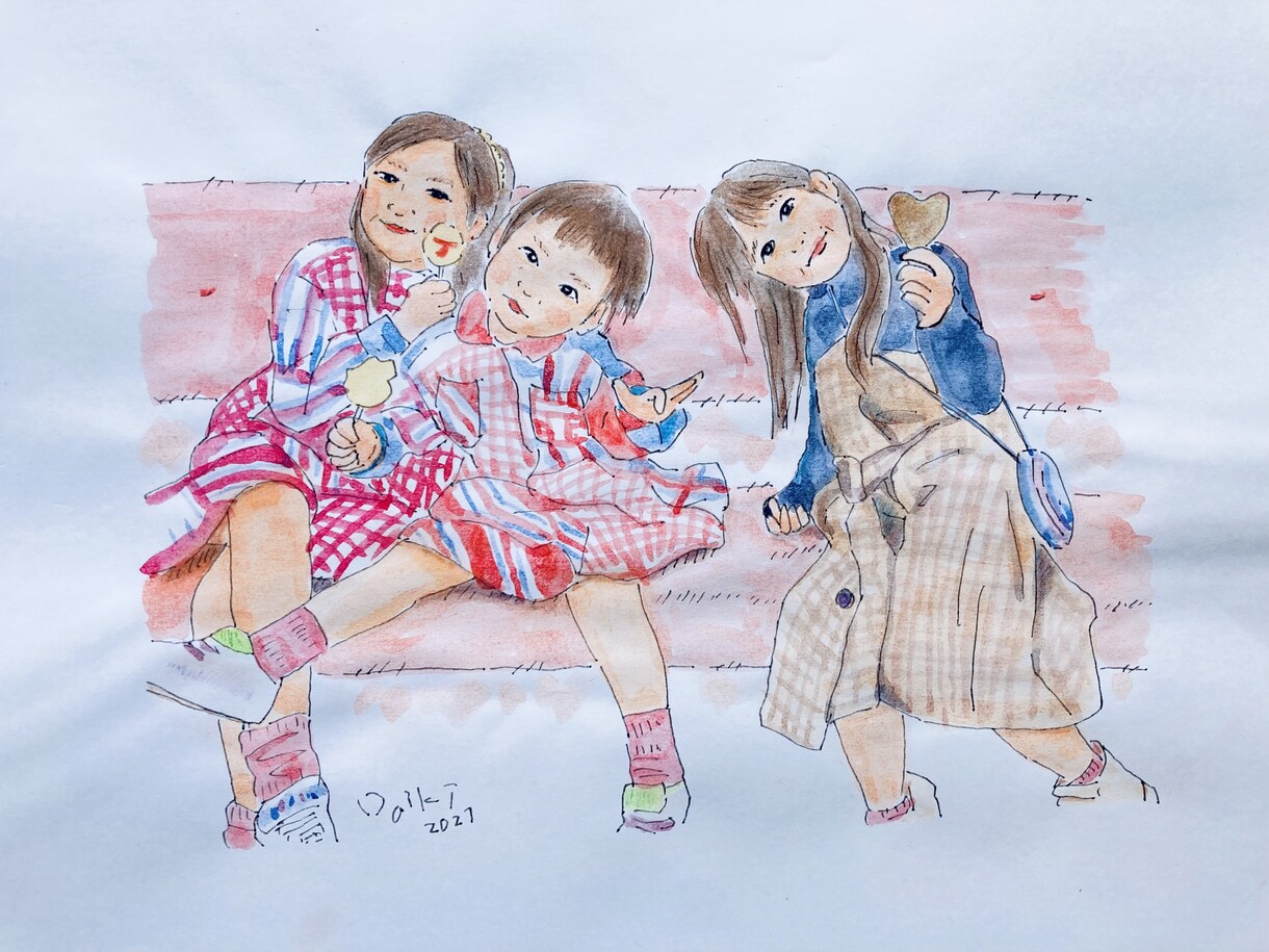 お祝いなどの贈り物に水彩画で似顔絵等お描きします PCじゃない手描きの温かい線画から水彩画まで楽しいイラスト、 イメージ2