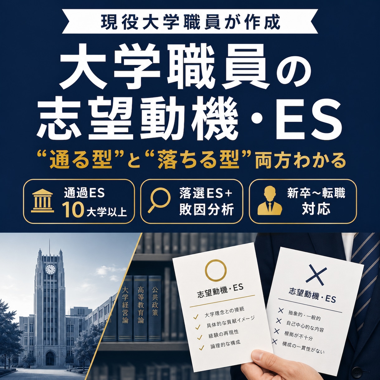 大学職員志望動機ES（最新）を現役職員が提供します 新卒〜転職 直近通過ES10大学以上＋落選分析つきで提供 イメージ1