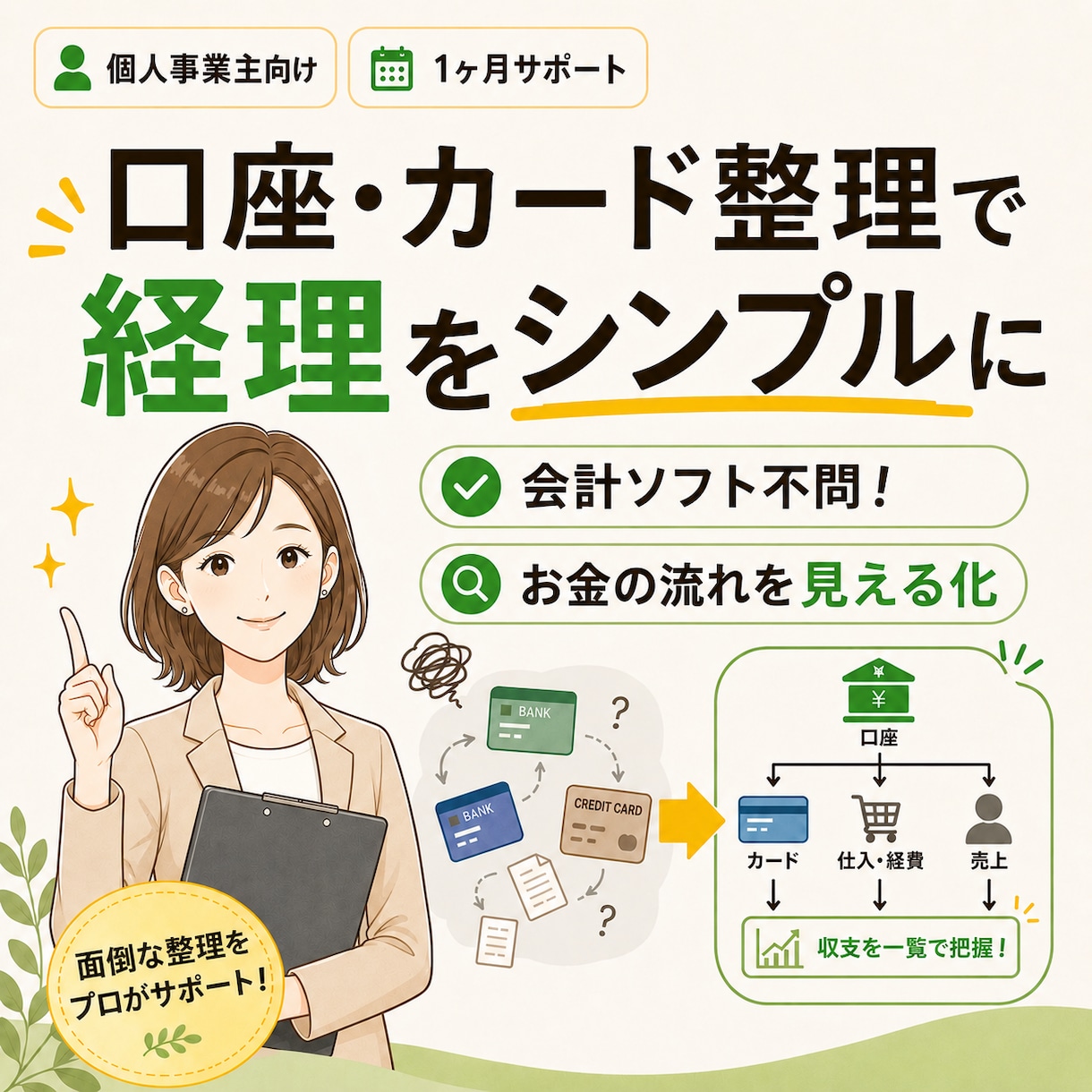 口座・現金が多い方の経理を整えます 経理を自分でまわせる仕組みをつくります イメージ1