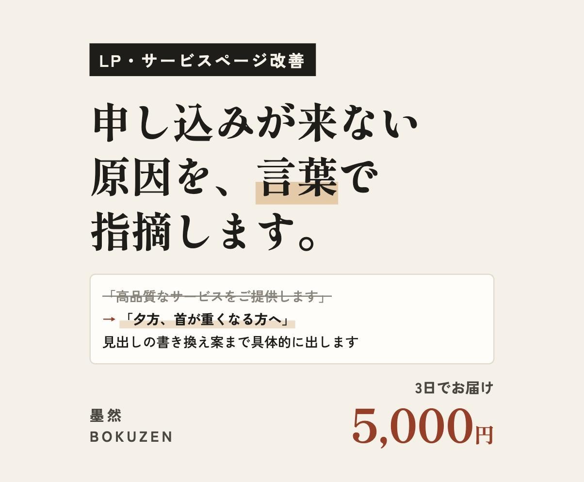 LPの文章を読み込み、改善案をお届けします 申し込みが来ない原因を、見出し単位で指摘します イメージ1