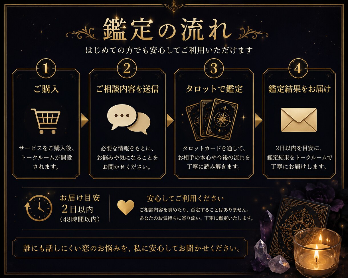 不倫・複雑恋愛のお相手の本心と今後を占います 誰にも話しにくい恋のお悩みを、タロットで丁寧に読み解きます イメージ3