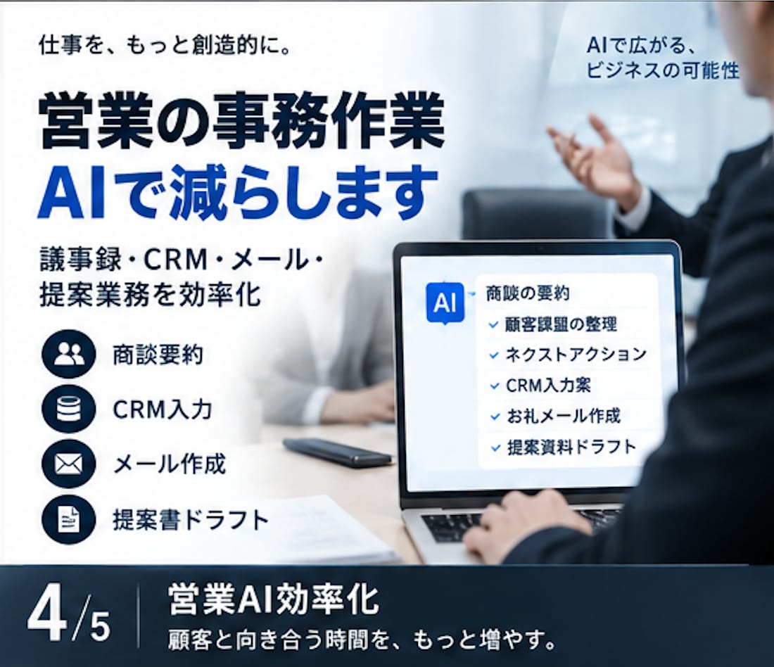 90分で「AIで減らせる仕事」を特定します 生成AI・業務自動化による削減効果と優先順位を診断します。 イメージ4