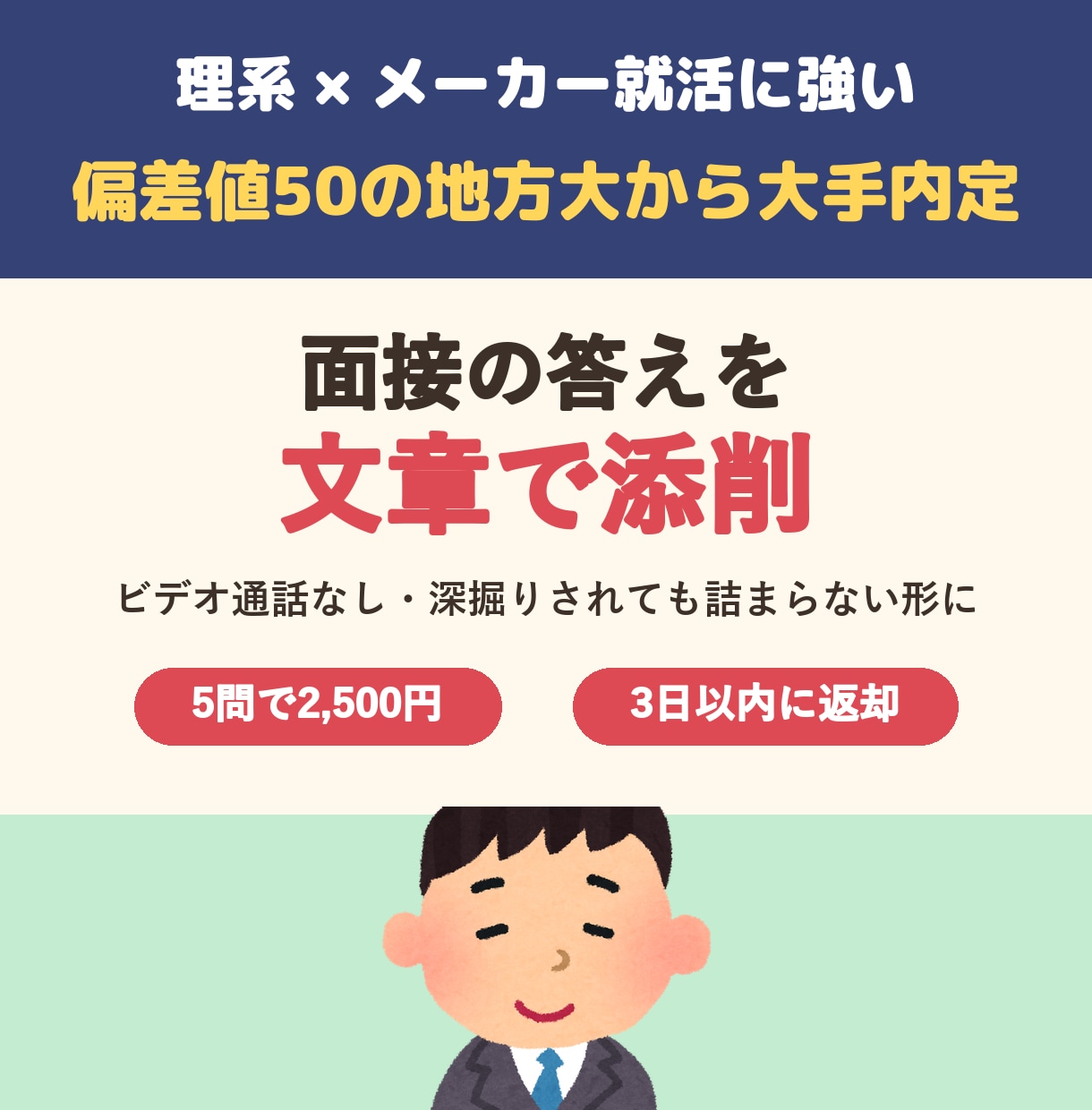 面接の答えを文章で添削。詰まらない話し方に直します ビデオ通話なし。深掘りされても詰まらない答えに イメージ1