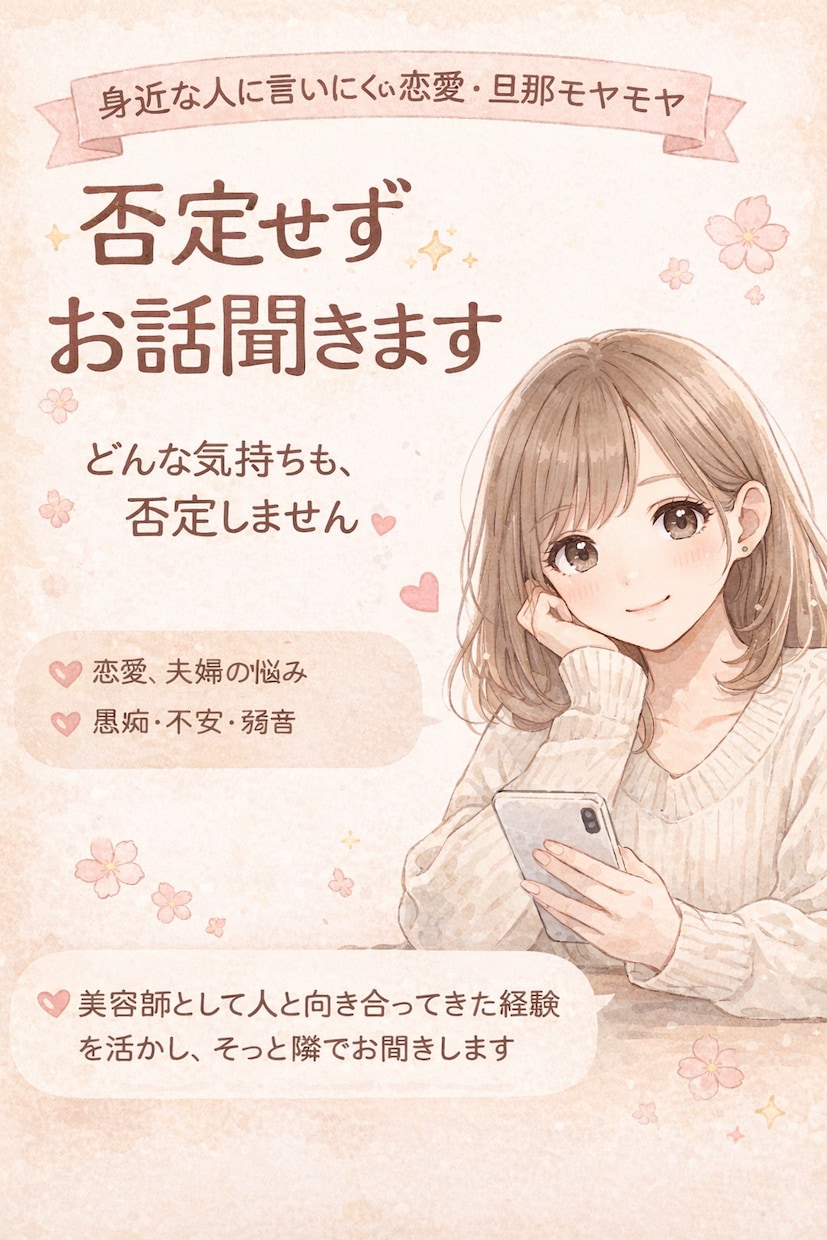 恋愛・夫婦のモヤモヤ、否定せずお話聞きます 恋愛や夫婦関係で経験があるからこそ貴方の気持ちを受け止めます イメージ1